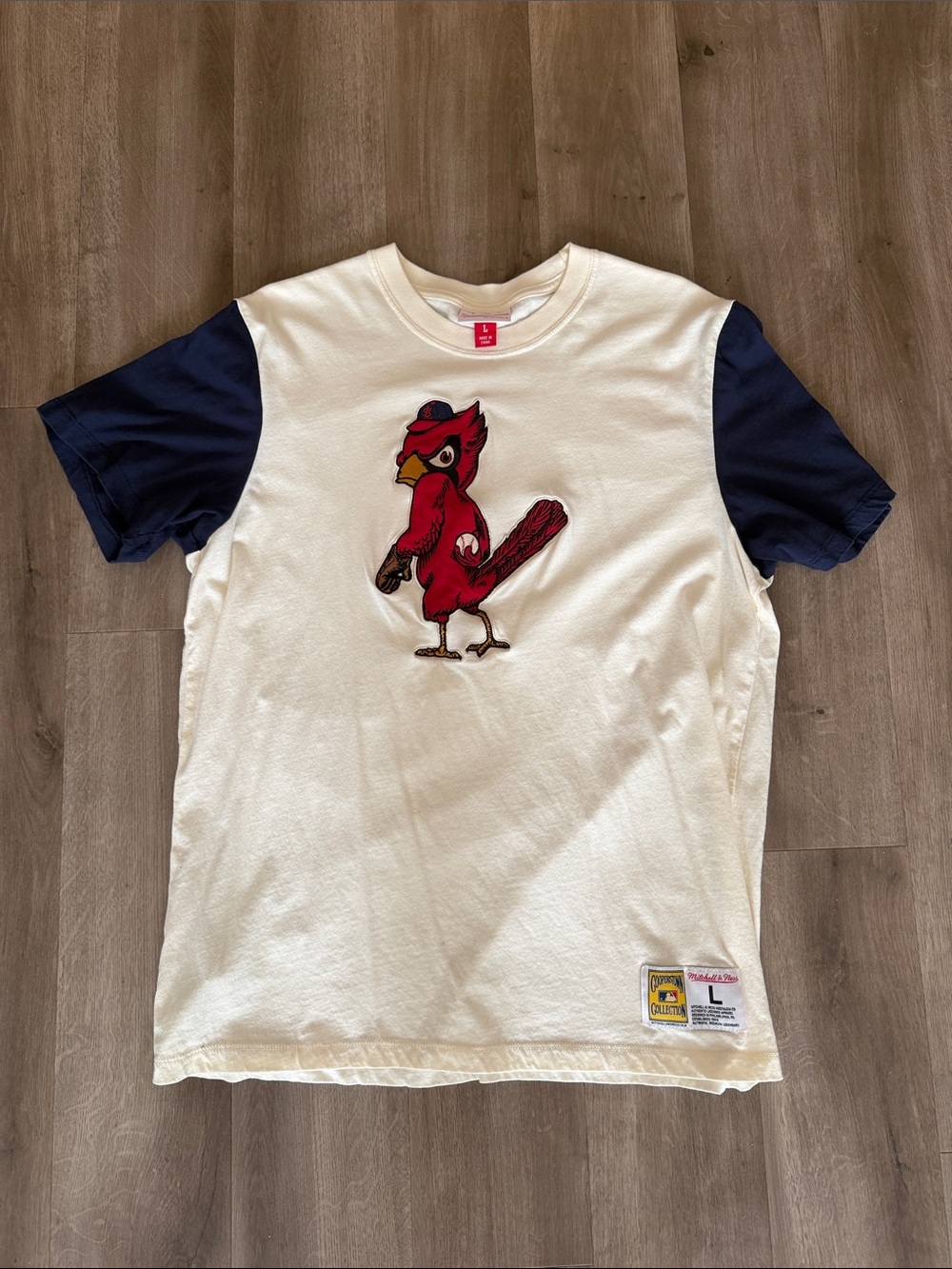 Mitchell & Ness Cream Tee with Navy Sleeves and Red Cardinal Graphic - Worn Once